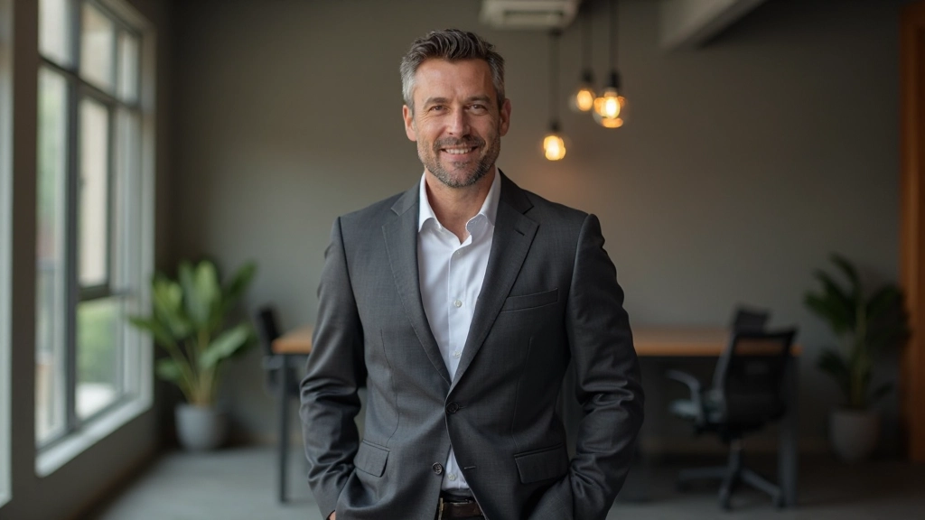 Persoon in professioneel pak, staande positie zelfverzekerd, modern kantoor interieur