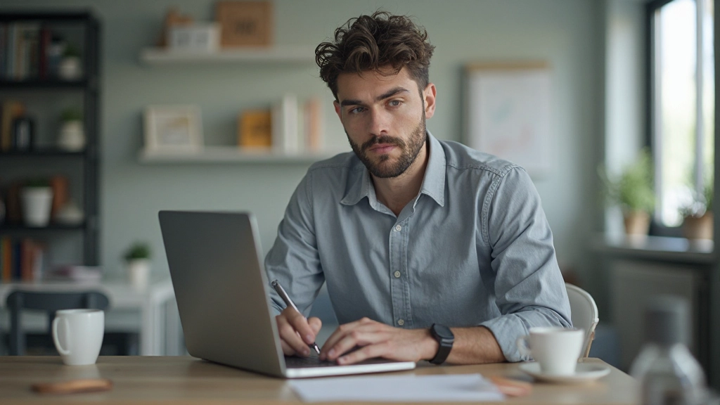 Persoon werkt geconcentreerd aan computer in modern kantoor, focus en discipline uitstraling