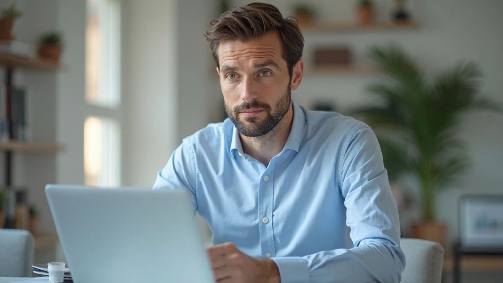 Man zittend aan bureau met laptop, handen op toetsenbord, gefocuste uitdrukking, modern kantoor