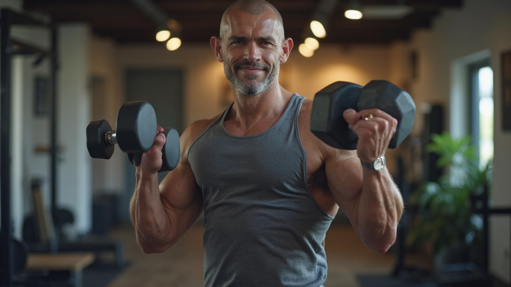 Persoon in sportkleding, halter in hand, zelfverzekerde houding in moderne home gym setup