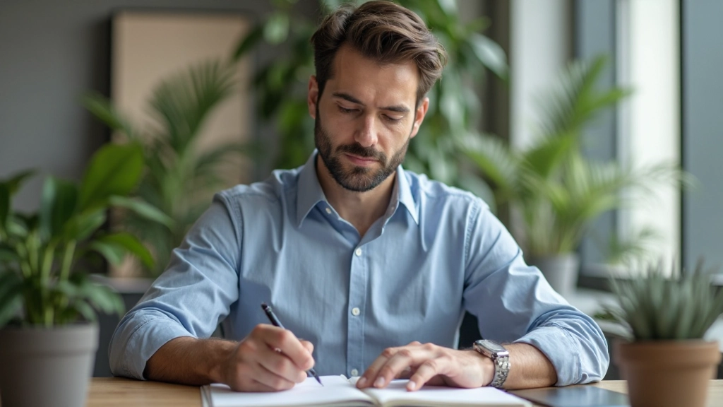 Persoon die aan een bureau werkt met notities en actieplan, gefocust op voortgang