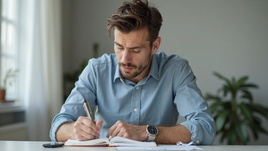 Professionele afbeelding van een man die aan een bureau werkt met aantekeningen, gefocuste houding, modern kantoor met raam