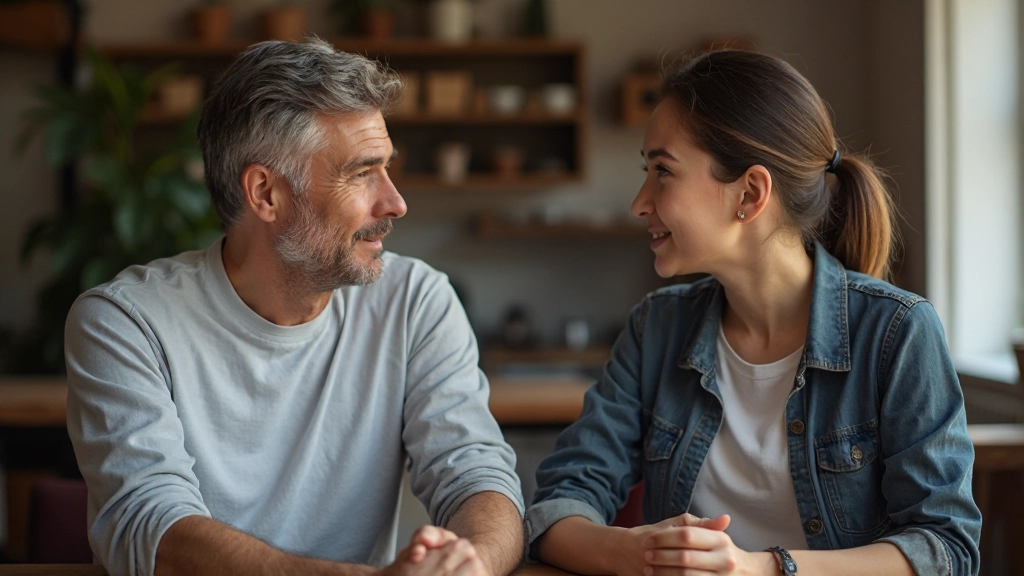 Mentor helpt student met motivationele conversatie in rustige omgeving, beide zittend en glimlachend