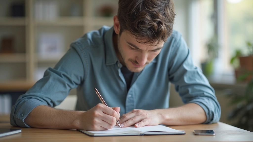 Persoon schrijft doelen in notitieboek, pen in hand, geconcentreerde uitdrukking, werkbureau met koffie