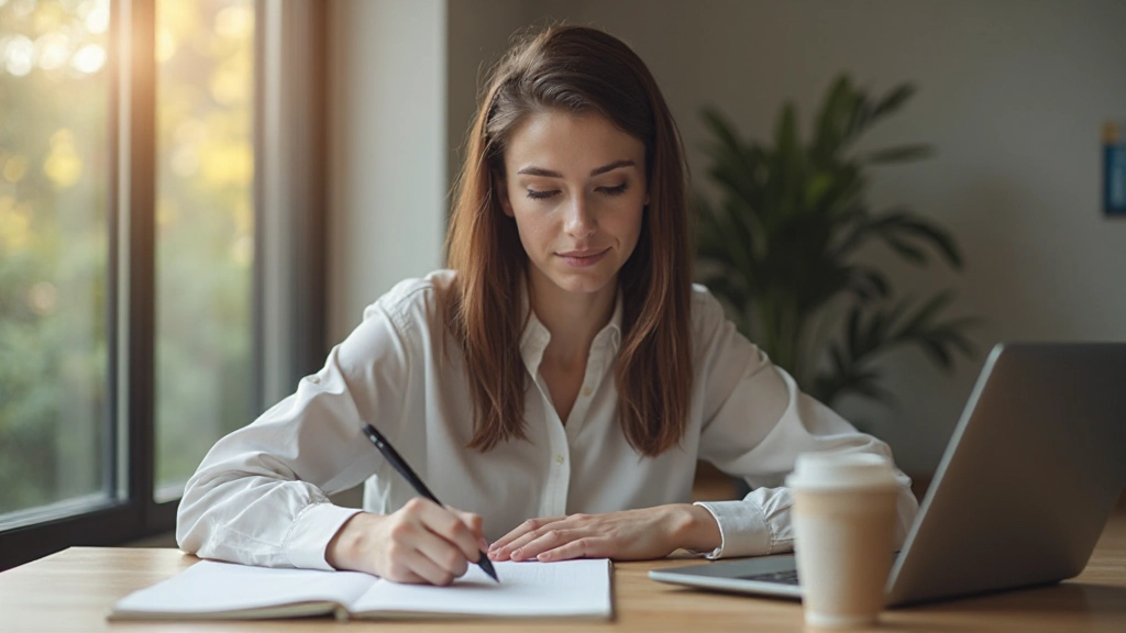 Professioneel beeld van iemand die notities maakt in een dagboek met koffie en laptop op een zonnige werkplek