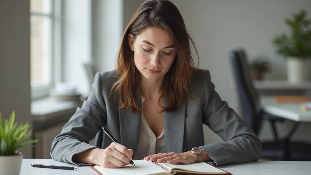 Persoon schrijft doelen op papier, focussed uitdrukking, strategische planning in modern kantoor