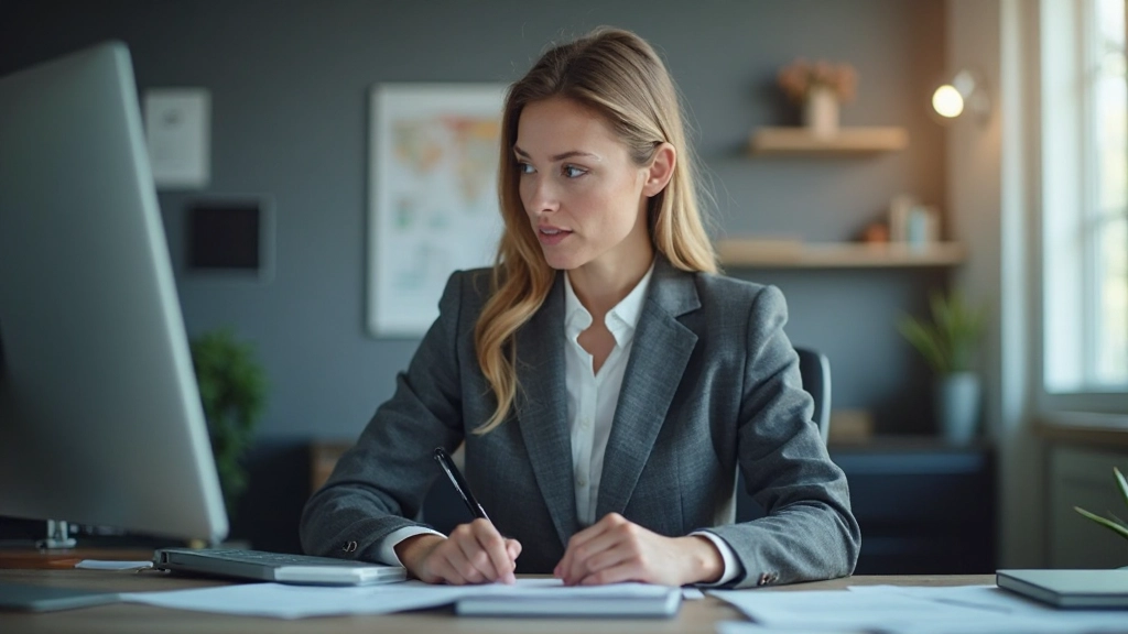 Persoon in professionele setting, omgeven door grafieken en notities, concentratie op gezicht