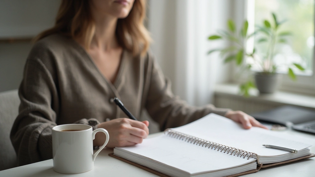 Goed georganiseerde werkplek met planner, koffiekopje, en notitieboeken voor dagelijkse planning